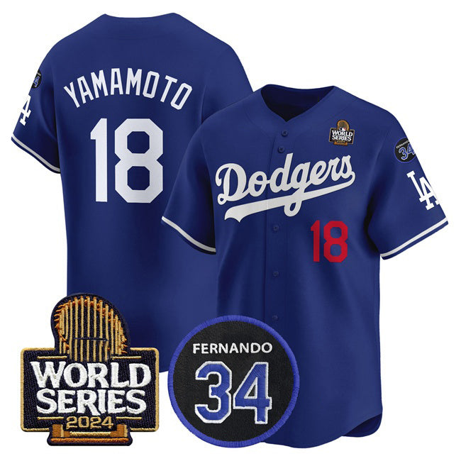 Johnsonshop Los Angeles Dodgers #18 Yoshinobu Yamamoto Royal  2024 World Series With Fernando Memorial Patch Limited Stitched Jersey