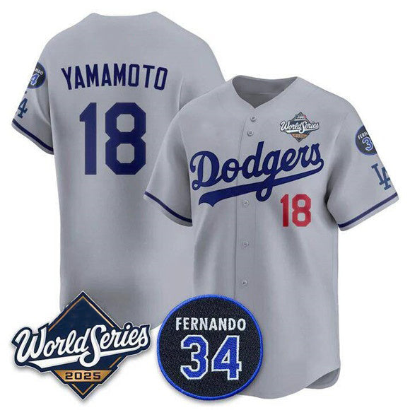 Johnsonshop Los Angeles Dodgers #18 Yoshinobu Yamamoto Gray  2025 World Series With No. 34 Patch Limited Stitched Jersey