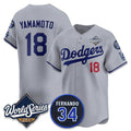 Johnsonshop Los Angeles Dodgers #18 Yoshinobu Yamamoto Gray  2025 World Series With No. 34 Patch Limited Stitched Jersey