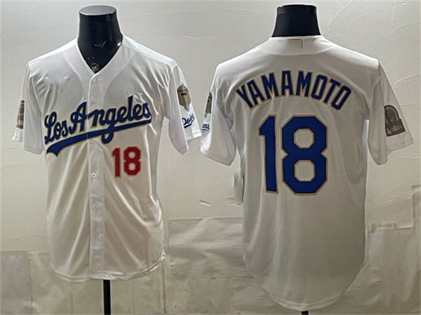 Johnsonshop Los Angeles Dodgers #18 Yoshinobu Yamamoto White  2026 Gold Collection 9x & B2B Champs Patch Stitched Jersey