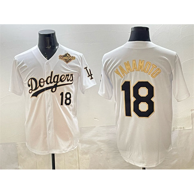 Johnsonshop Los Angeles Dodgers #18 Yoshinobu Yamamoto White Gold  2025 World Series Patch Limited Stitched Jersey
