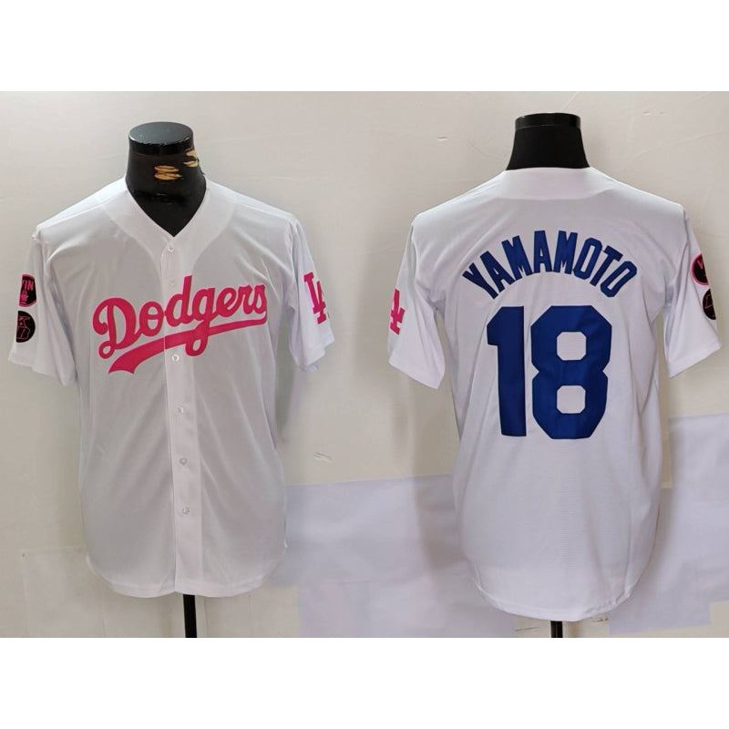 Johnsonshop Los Angeles Dodgers #18 Yoshinobu Yamamoto White Pink  Vin & Kobe Patch Stitched Jersey1