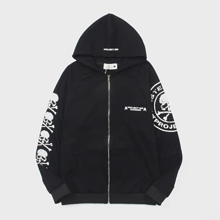 American Trendy Skull Patchwork Zipper hoodie